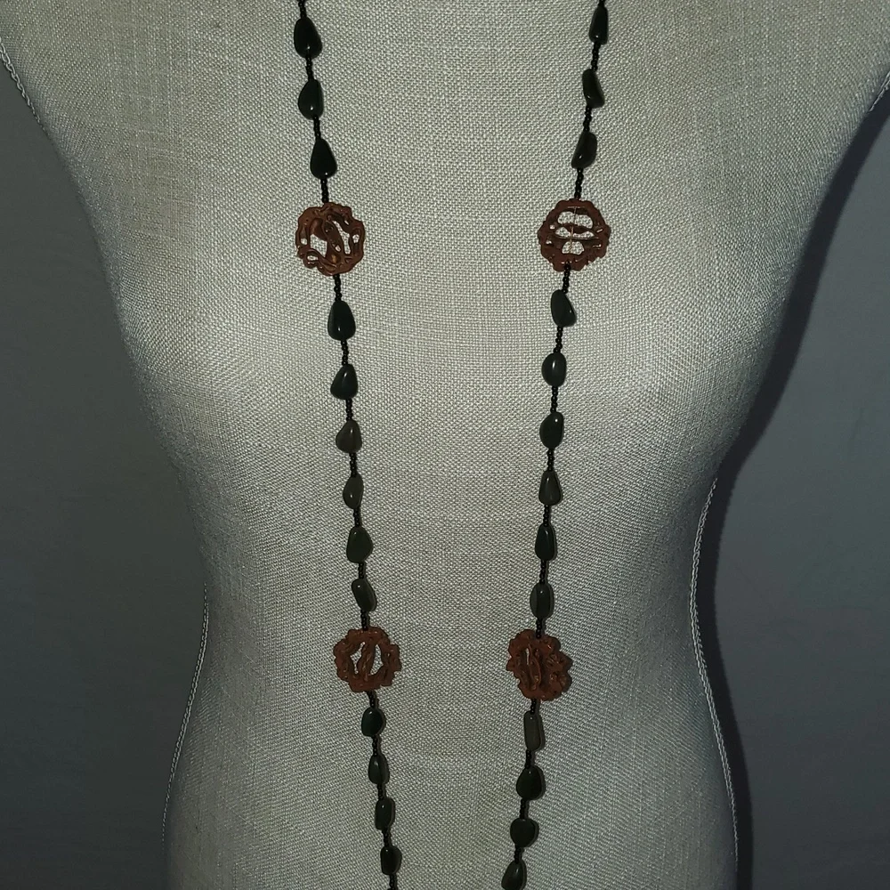 Vintage Walnut Shell Slice Long Necklace With Green Black Beads